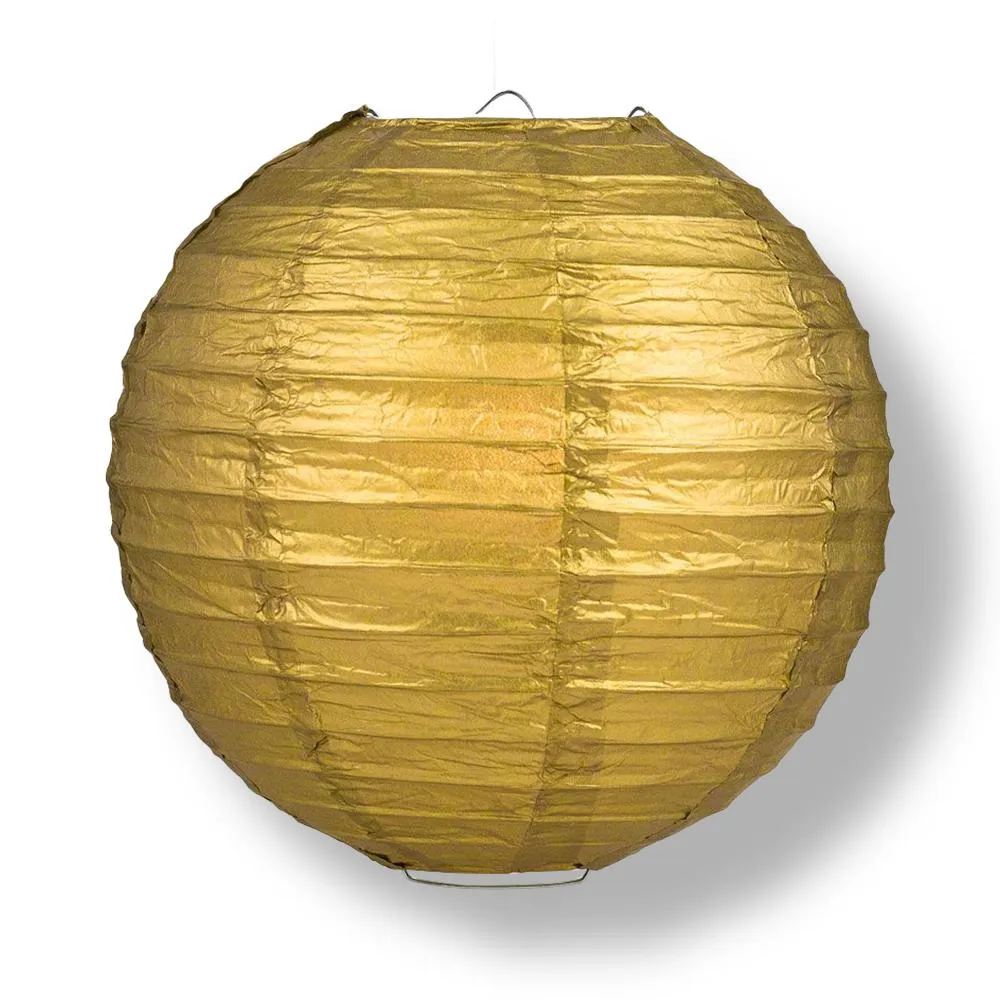 16" Gold Round Paper Lantern, Parallel Ribbing, Chinese Hanging Wedding & Party Decoration