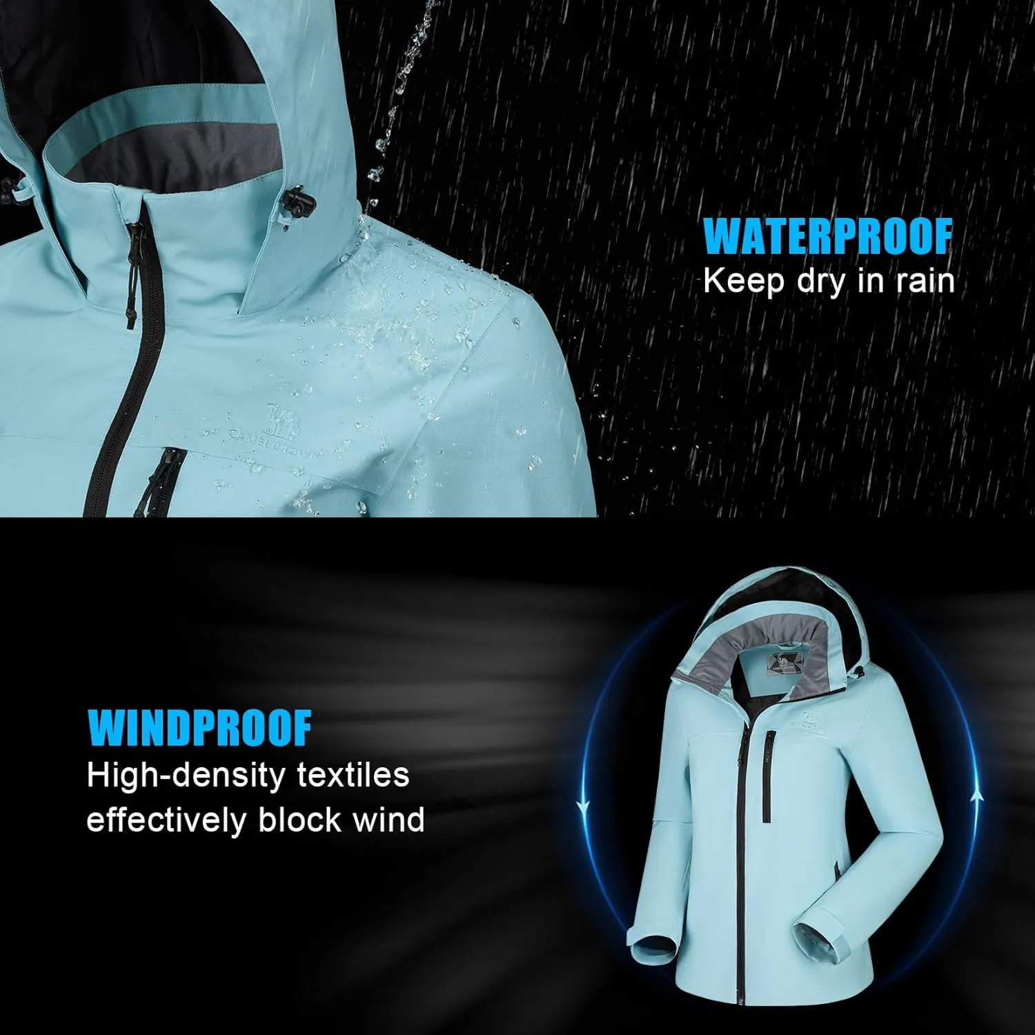 CAMEL CROWN Women's Waterproof Shell Jacket Windbreaker Hooded Rain Coat for Outdoor Hiking Climbing Traveling