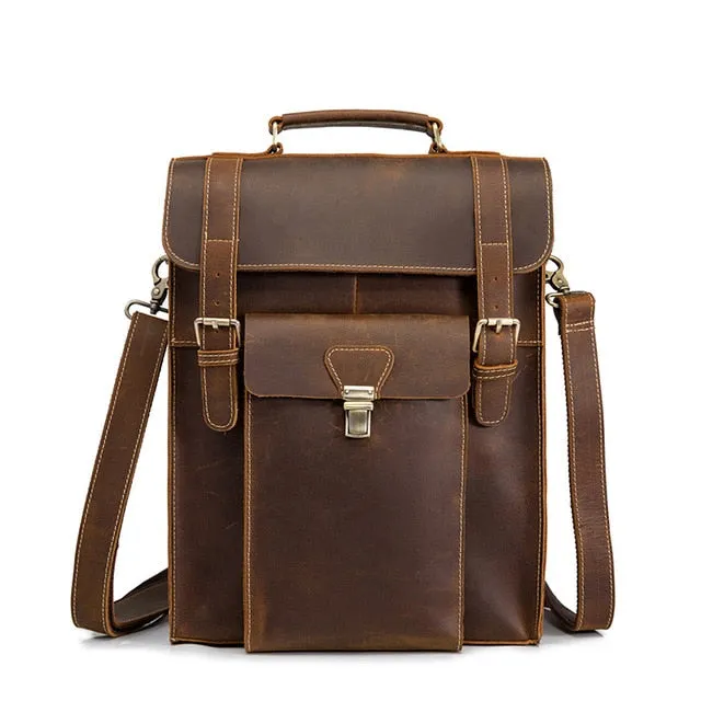 Crazy Horse Cowhide Men Backpack Knapsack Cross Body Shoulder Messenger Computer Bag Male Retro
