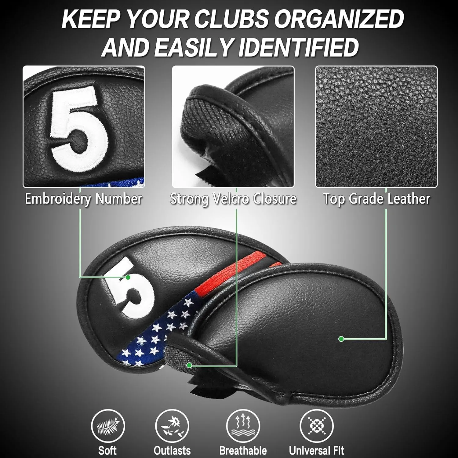 FINGER TEN Golf Iron Head Covers Value 12 Piece Set, Synthetic Leather Deluxe Club Headcover, Universal Fit Main Iron Clubs Gift Set