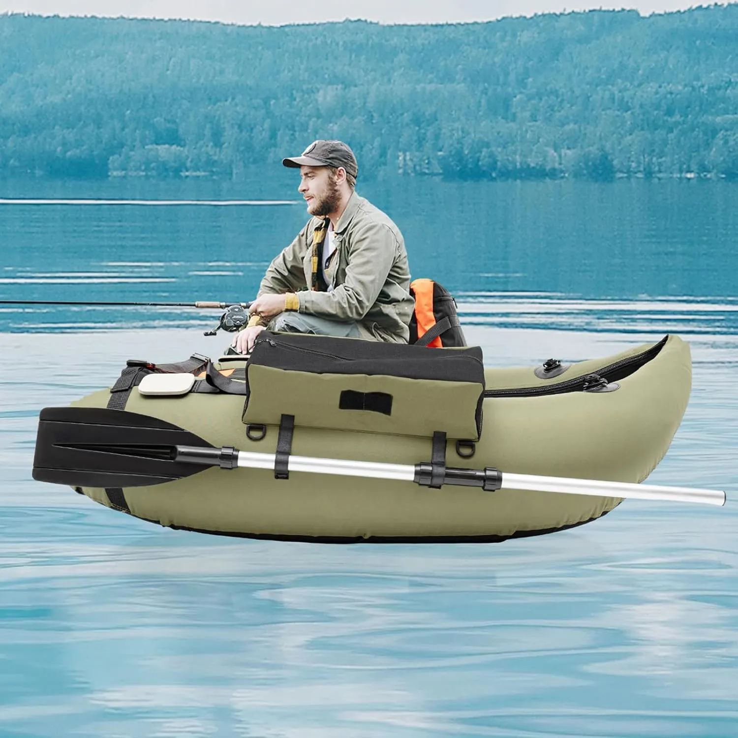 Inflatable Fishing Boat with 90-180 Adjustable Backrest, 286.6lbs Load Capacity, Hand Pump, and Storage Pockets, Ideal for Outdoor Fishing, Rafting, and Exploring