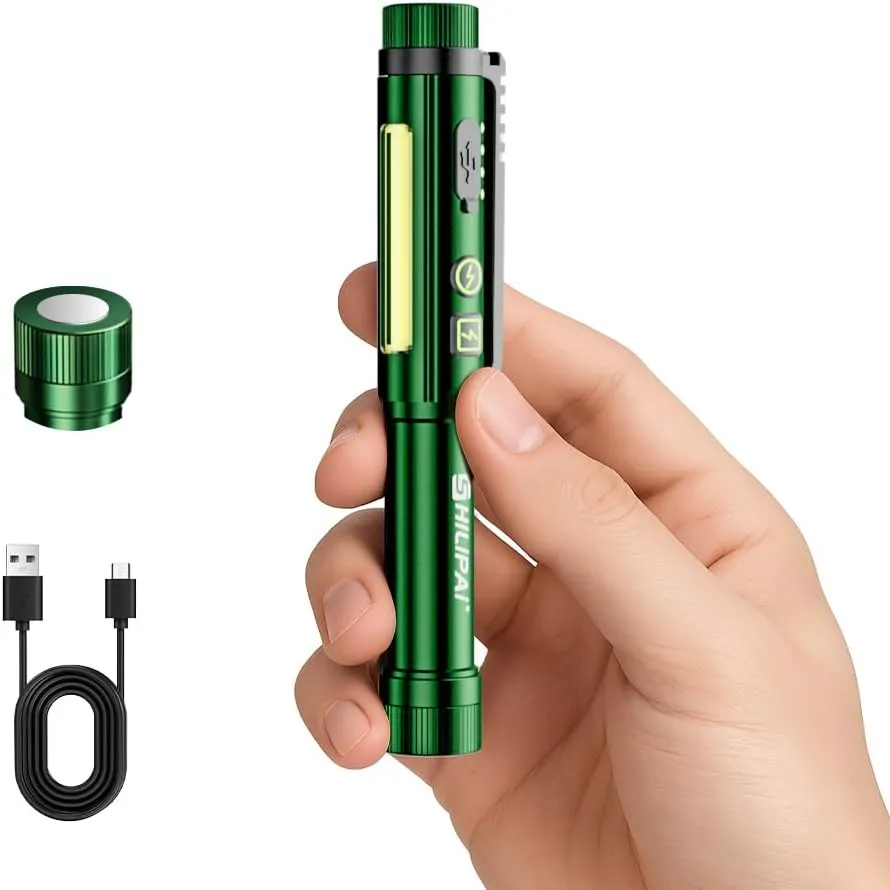 Mini Rechargeable COB Flashlight Pen Light with Work Light - Dual Magnetic Base & Clip for Hands-Free, Portable Dimmable Flashlight with Hazard Warning Light (Green)