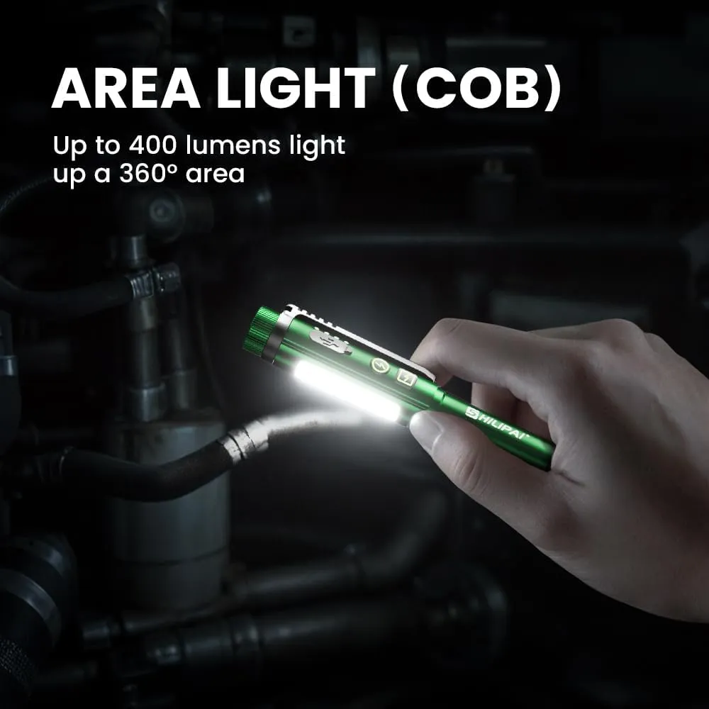 Mini Rechargeable COB Flashlight Pen Light with Work Light - Dual Magnetic Base & Clip for Hands-Free, Portable Dimmable Flashlight with Hazard Warning Light (Green)