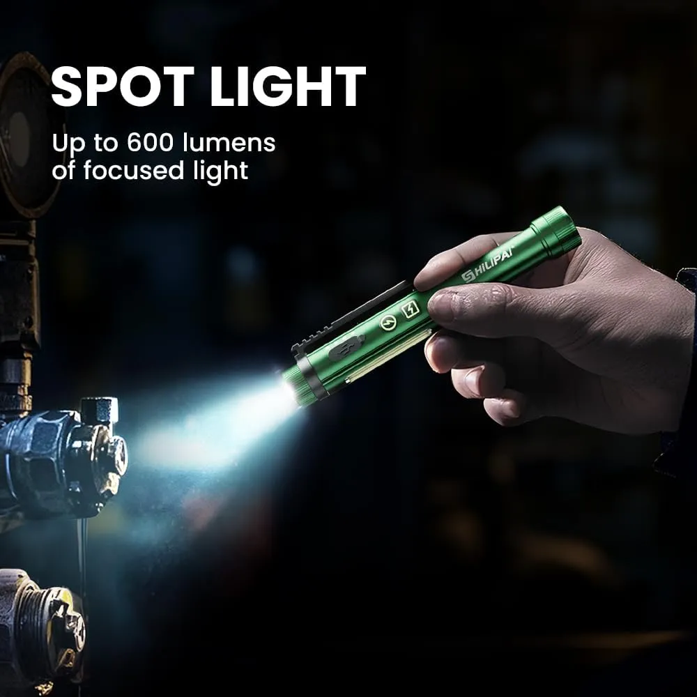 Mini Rechargeable COB Flashlight Pen Light with Work Light - Dual Magnetic Base & Clip for Hands-Free, Portable Dimmable Flashlight with Hazard Warning Light (Green)