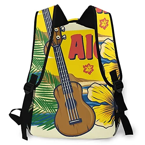 Multi leisure backpack,Aloha Hawaii Ukulele Vintage Style, travel sports School bag for adult youth College Students