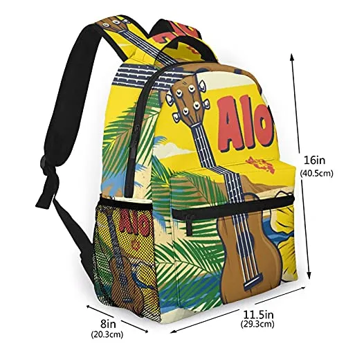 Multi leisure backpack,Aloha Hawaii Ukulele Vintage Style, travel sports School bag for adult youth College Students