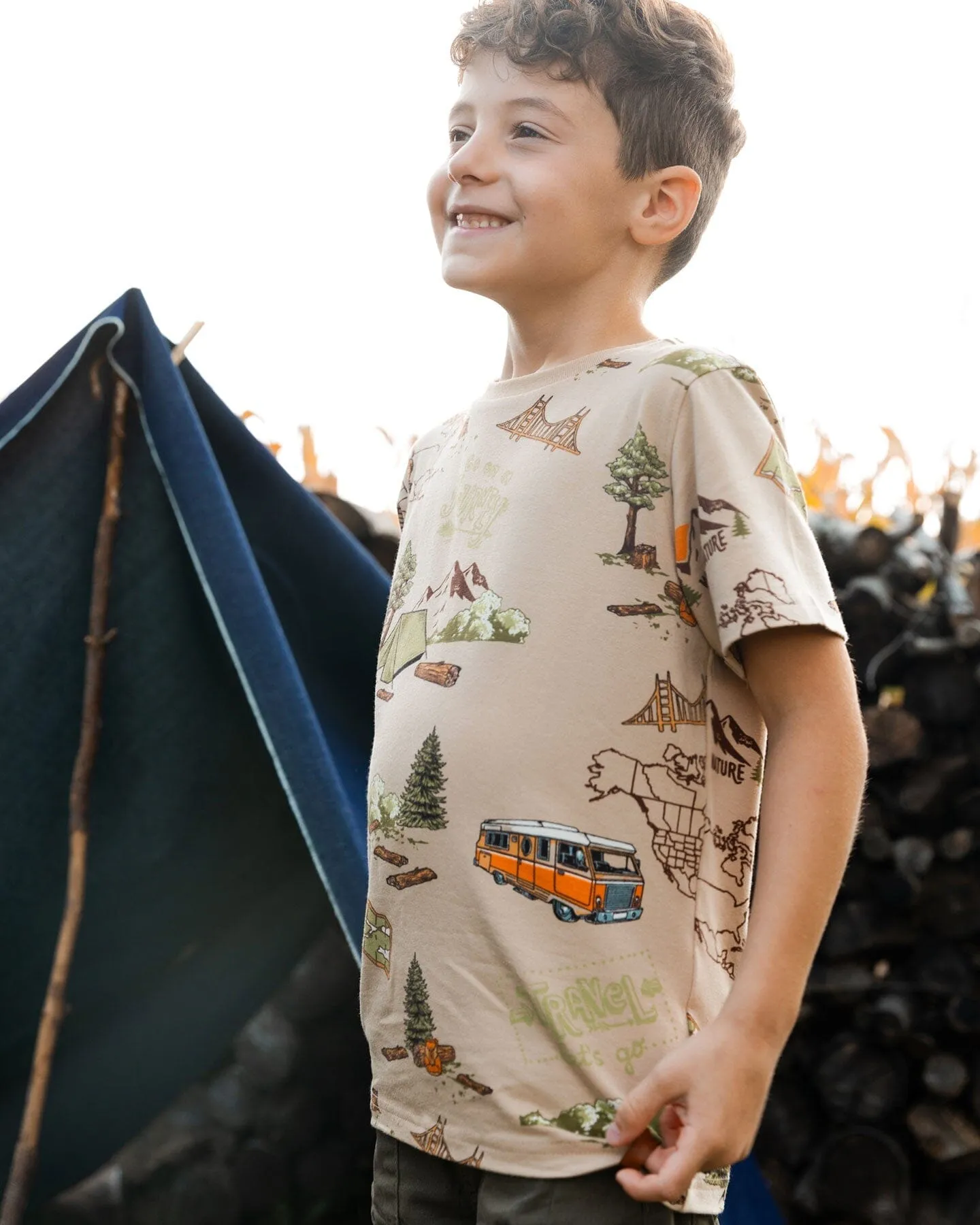 Printed Organic Cotton Tee Camping Beige