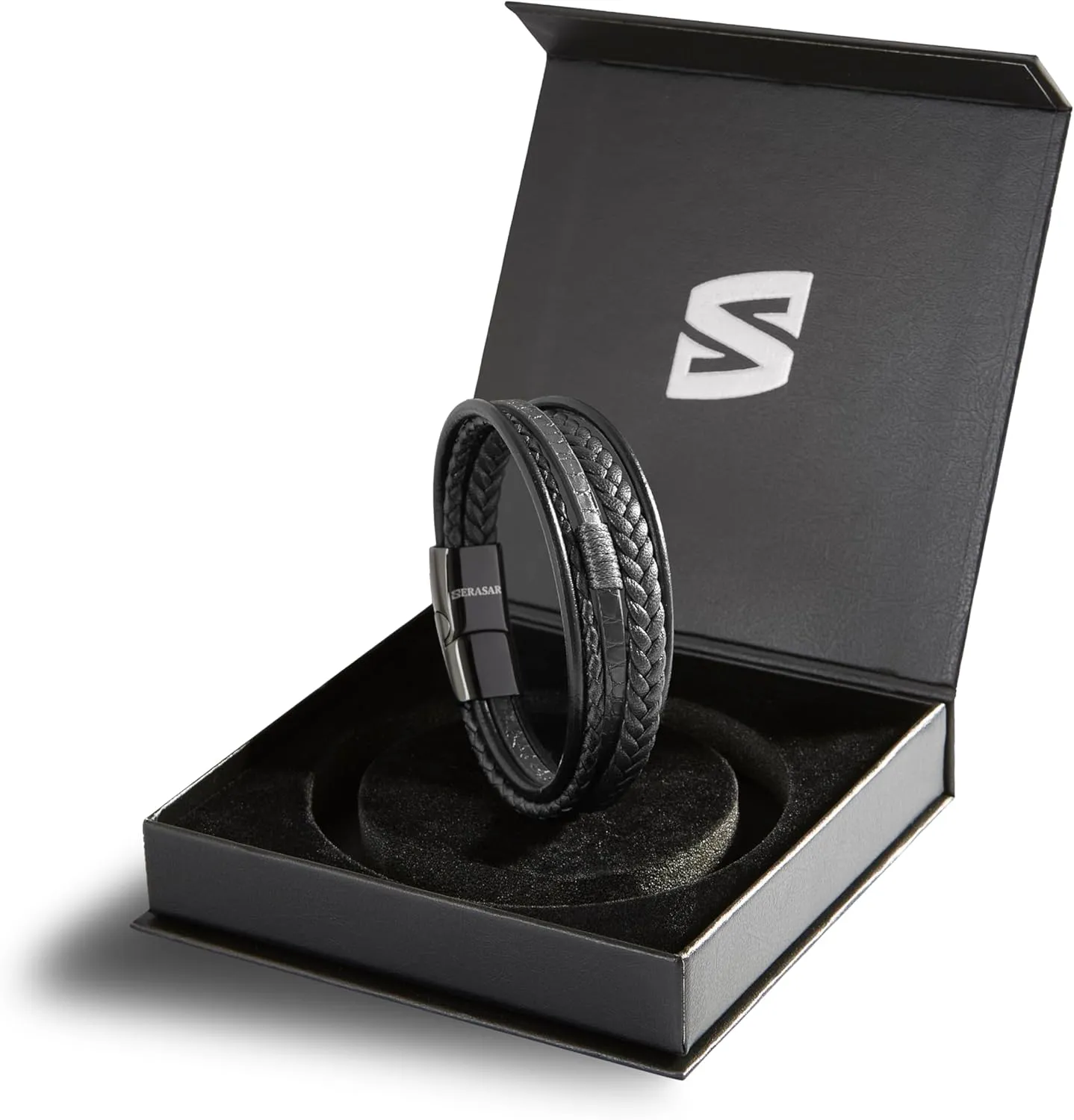 SERASAR | Premium Bracelet for Men in Genuine Black & Brown Leather | Magnetic Stainless Steel Clasp | Jewelry Box Included | Great Gift Idea