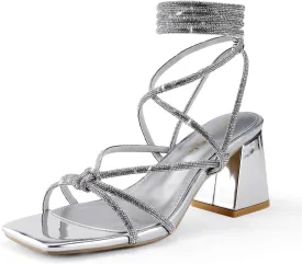 Shoe'N Tale Lace Up Heels for Women Ankle Strappy Gladiator High Heeled Sandals Chunky Block Heel Square Open Toe Criss Cross Dress Shoes