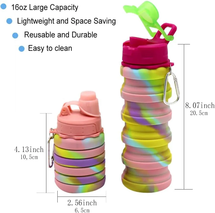 Silicone Collapsible Water Bottles, 16Oz 500Ml Portable Foldable Expandable Water Bottle Sports Cups, Leak Proof Reusable BPA Free, for Outdoor Activities Travel(2# Pink)