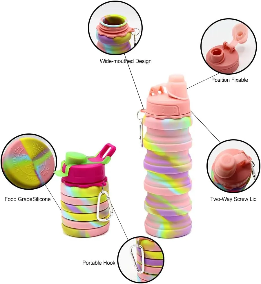 Silicone Collapsible Water Bottles, 16Oz 500Ml Portable Foldable Expandable Water Bottle Sports Cups, Leak Proof Reusable BPA Free, for Outdoor Activities Travel(2# Pink)