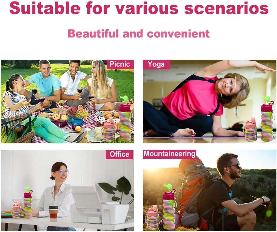 Silicone Collapsible Water Bottles, 16Oz 500Ml Portable Foldable Expandable Water Bottle Sports Cups, Leak Proof Reusable BPA Free, for Outdoor Activities Travel(2# Pink)