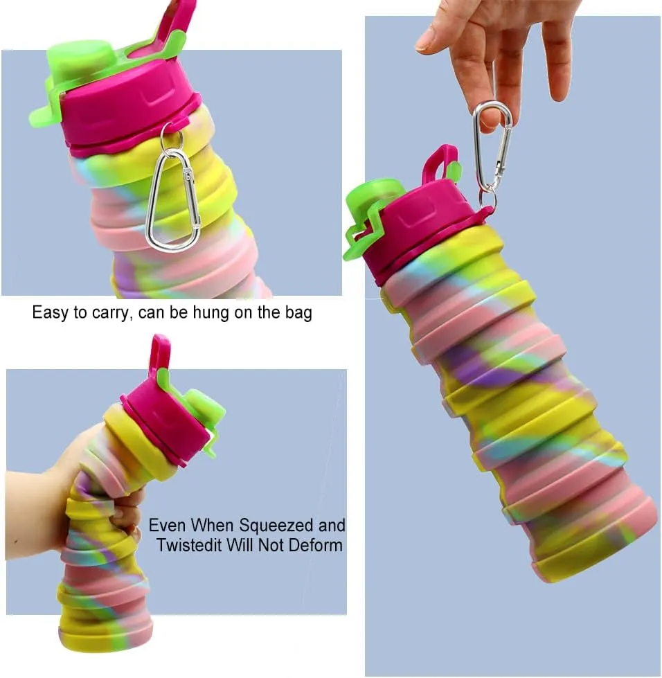 Silicone Collapsible Water Bottles, 16Oz 500Ml Portable Foldable Expandable Water Bottle Sports Cups, Leak Proof Reusable BPA Free, for Outdoor Activities Travel(2# Pink)