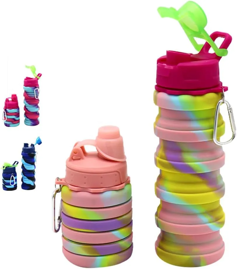 Silicone Collapsible Water Bottles, 16Oz 500Ml Portable Foldable Expandable Water Bottle Sports Cups, Leak Proof Reusable BPA Free, for Outdoor Activities Travel(2# Pink)