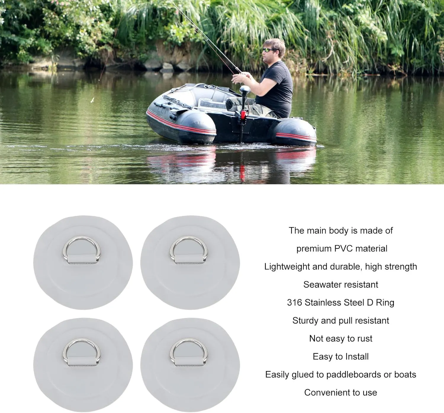 Srliya D Ring Patch,Round Lightweight D Ring PVC Patch for Inflatable Boat Raft Dinghy Kayak 4PCS